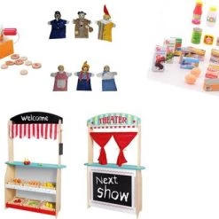 Jou?co 2 In 1 Theater En Winkel Met 6 Poppenkastpoppen-kassa-18-delige Boodschappen Set 6 Kratjes En 24 Stuks Groente-fruit