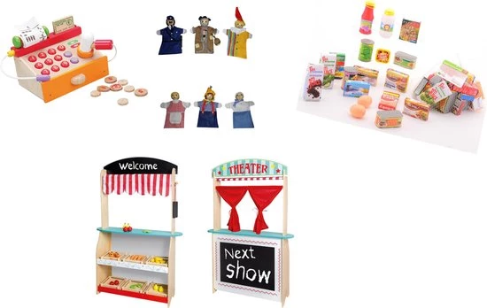 Jou?co 2 In 1 Theater En Winkel Met 6 Poppenkastpoppen-kassa-18-delige Boodschappen Set 6 Kratjes En 24 Stuks Groente-fruit 3 Jou?co 2 In 1 Theater En Winkel Met 6 Poppenkastpoppen-kassa-18-delige Boodschappen Set 6 Kratjes En 24 Stuks Groente-fruit