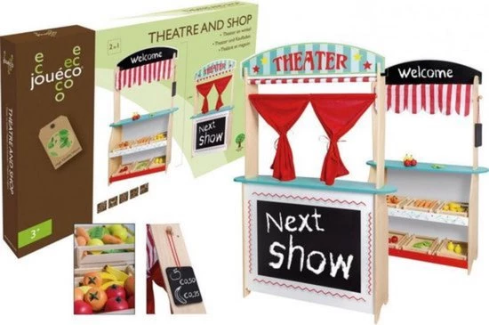 Jou?co 2 In 1 Theater En Winkel Met 6 Poppenkastpoppen-kassa-18-delige Boodschappen Set 6 Kratjes En 24 Stuks Groente-fruit 7 Jou?co 2 In 1 Theater En Winkel Met 6 Poppenkastpoppen-kassa-18-delige Boodschappen Set 6 Kratjes En 24 Stuks Groente-fruit - Afbeelding 5