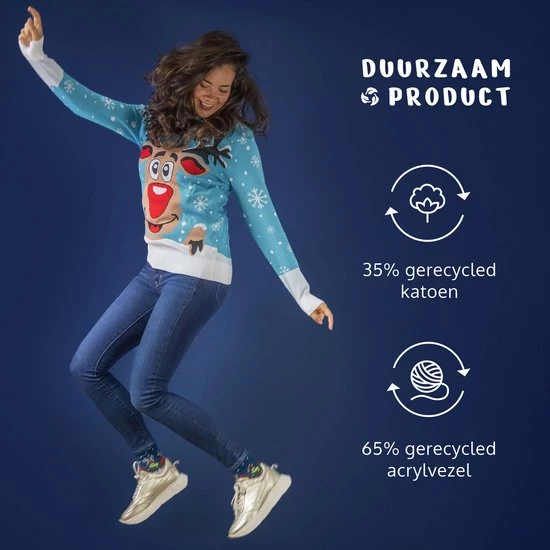 JAP Christmas JAP Foute Kersttrui - Rudolf Het Rendier - Kerstcadeau Volwassenen - Dames En Heren - Kerst - S - Licht Blauw 6 JAP Christmas JAP Foute Kersttrui - Rudolf Het Rendier - Kerstcadeau Volwassenen - Dames En Heren - Kerst - S - Licht Blauw - Afbeelding 4