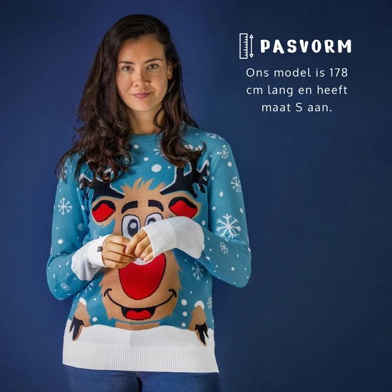 JAP Christmas JAP Foute Kersttrui - Rudolf Het Rendier - Kerstcadeau Volwassenen - Dames En Heren - Kerst - S - Licht Blauw 9 JAP Christmas JAP Foute Kersttrui - Rudolf Het Rendier - Kerstcadeau Volwassenen - Dames En Heren - Kerst - S - Licht Blauw - Afbeelding 7
