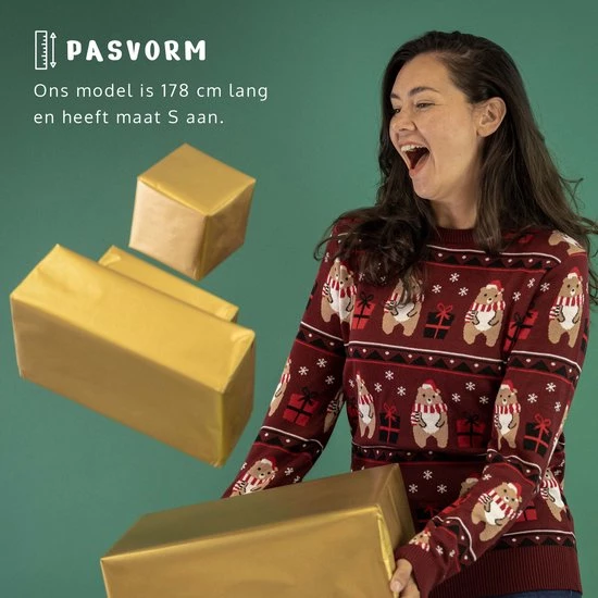 JAP Christmas JAP Foute Kersttrui - Beer Met Geschenk - Kerstcadeau Volwassenen - Dames En Heren - Kerst - XL - Donker Rood 8 JAP Christmas JAP Foute Kersttrui - Beer Met Geschenk - Kerstcadeau Volwassenen - Dames En Heren - Kerst - XL - Donker Rood - Afbeelding 6