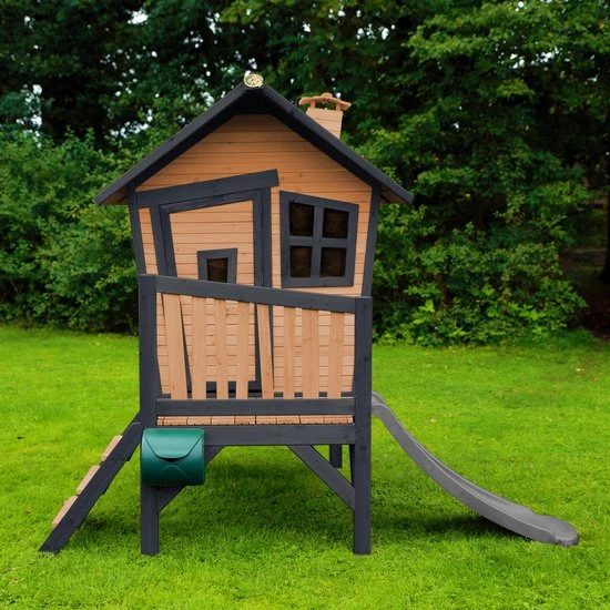 AXI Robin Speelhuis In Bruin/Antraciet - Met Veranda En Grijze Glijbaan - Speelhuisje Op Palen Met Veranda - FSC Hout - Speeltoestel Voor De Tuin 7 AXI Robin Speelhuis In Bruin/Antraciet - Met Veranda En Grijze Glijbaan - Speelhuisje Op Palen Met Veranda - FSC Hout - Speeltoestel Voor De Tuin - Afbeelding 5
