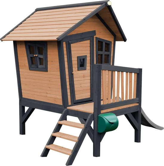AXI Robin Speelhuis In Bruin/Antraciet - Met Veranda En Grijze Glijbaan - Speelhuisje Op Palen Met Veranda - FSC Hout - Speeltoestel Voor De Tuin 5 AXI Robin Speelhuis In Bruin/Antraciet - Met Veranda En Grijze Glijbaan - Speelhuisje Op Palen Met Veranda - FSC Hout - Speeltoestel Voor De Tuin - Afbeelding 3