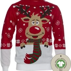duurzamer-speelgoed Verkoop 31 Jule Sweaters Foute Kersttrui Dames & Heren - Christmas Sweater "Rudolf Met Sjaal" - 100% Biologisch Katoen - Kerst Trui Mannen & Vrouwen Maat M
