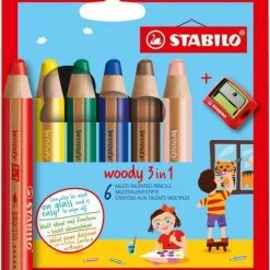 STABILO Woody 3 In 1 - Multi Talent Kleurpotlood - Etui Met 6 Kleuren + Puntenslijper