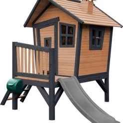 duurzamer-speelgoed Verkoop 7 AXI Robin Speelhuis In Bruin/Antraciet - Met Veranda En Grijze Glijbaan - Speelhuisje Op Palen Met Veranda - FSC Hout - Speeltoestel Voor De Tuin