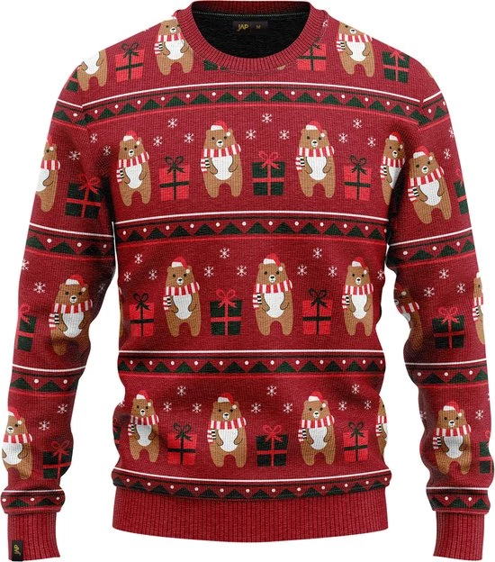 JAP Christmas JAP Foute Kersttrui - Beer Met Geschenk - Kerstcadeau Volwassenen - Dames En Heren - Kerst - XL - Donker Rood 3 JAP Christmas JAP Foute Kersttrui - Beer Met Geschenk - Kerstcadeau Volwassenen - Dames En Heren - Kerst - XL - Donker Rood